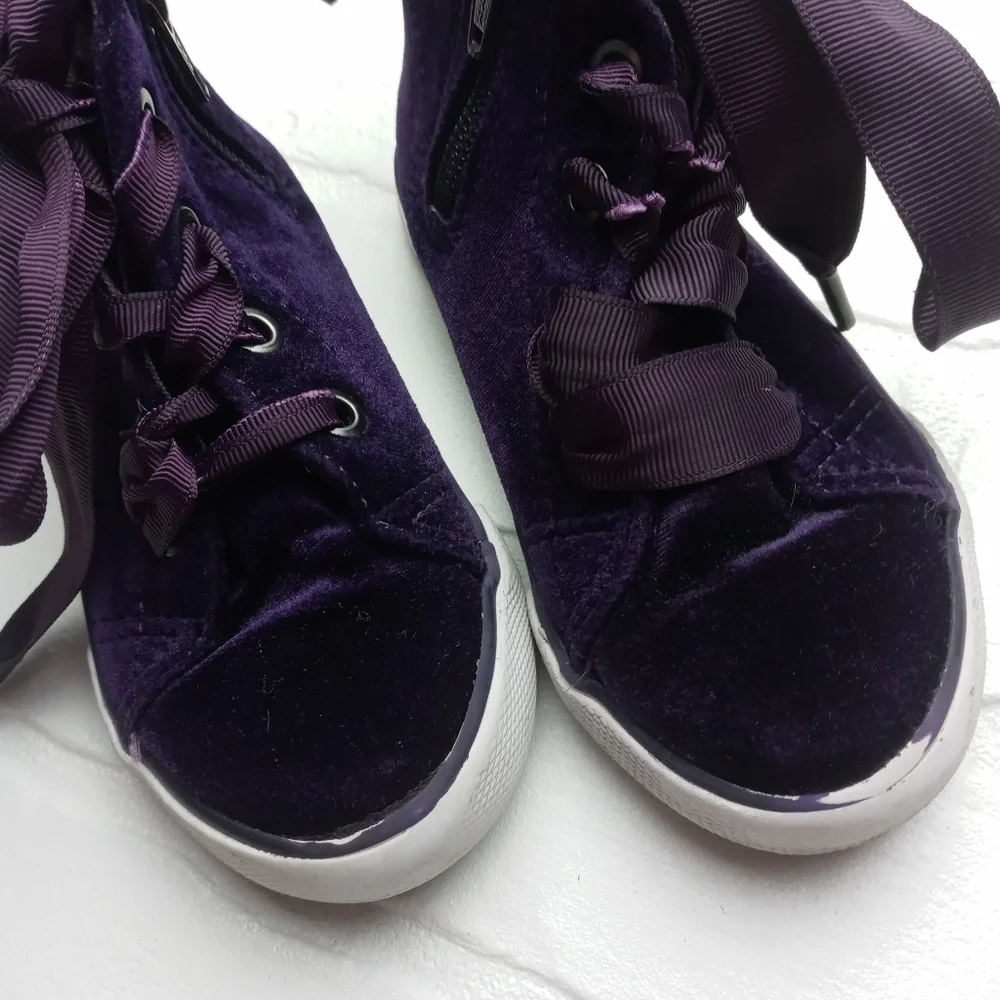Cat & Jack girls size 8 dark purple velour uppers hi-top ribbon tie lace shoes